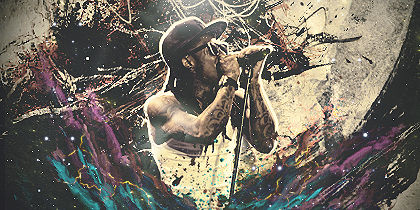 Grunge splatter art of a singer at the mic