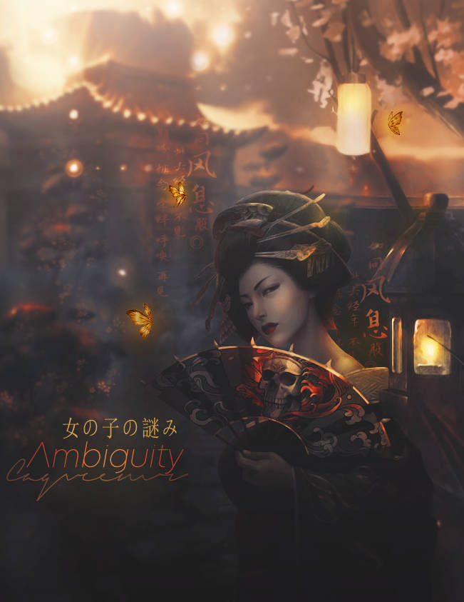 Geisha with skull fan, moody Japanese-themed digital art