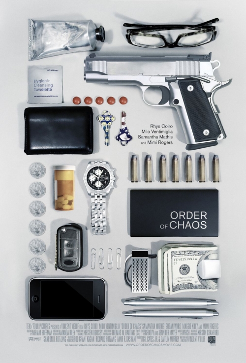 Movie poster flatlay: gun, cash, pills, and clues