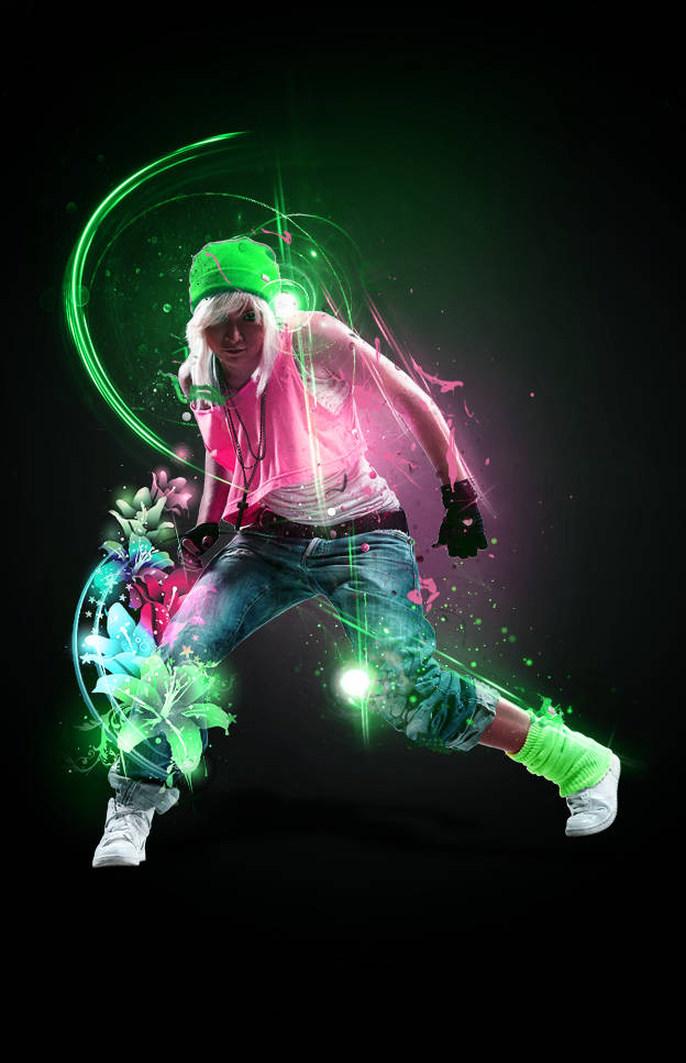 Neon dancer GFX art with glowing swirls and splatter effects