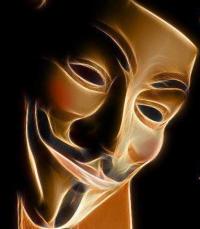 Glowing Guy Fawkes mask, hacker-forum vibes