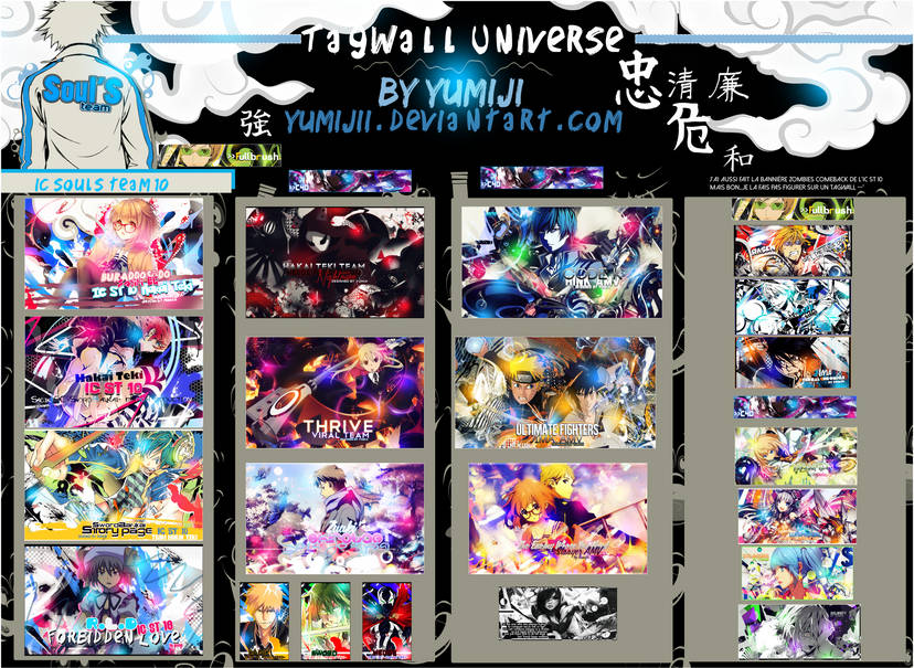 Colorful anime GFX tagwall showcasing multiple signature banners