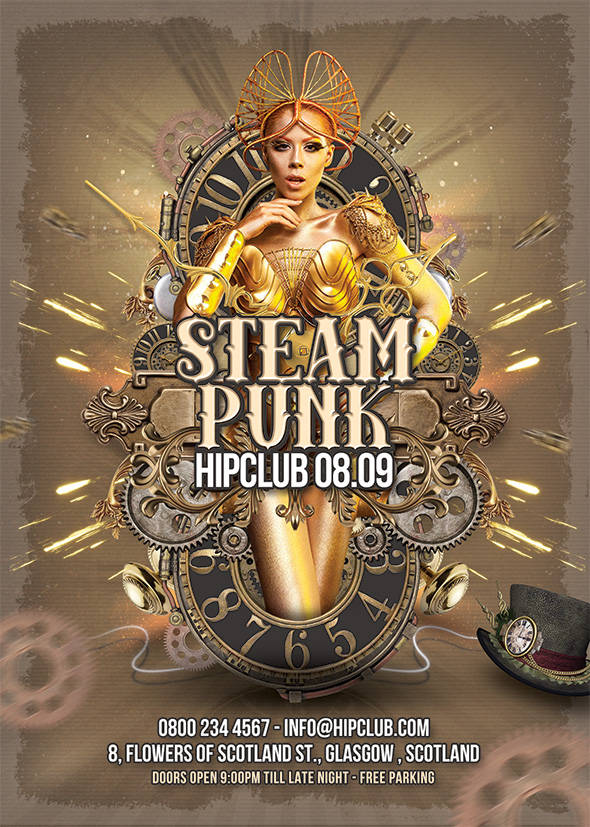 Steampunk event flyer with gears and golden model