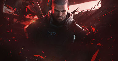 Mass Effect Shepard GFX art with dramatic shattered-glass effects
