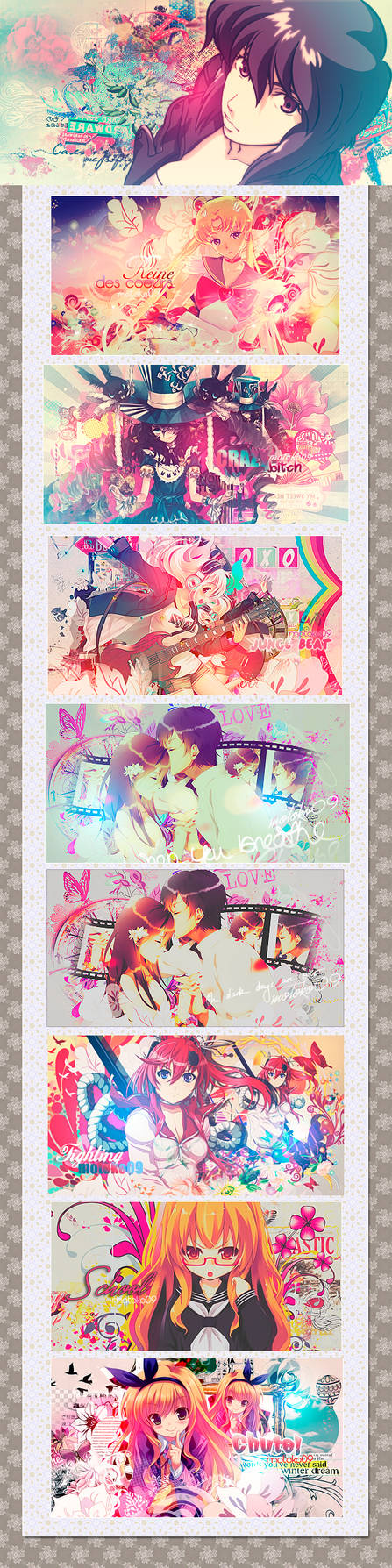Colorful anime GFX collage compilation, vibrant signature art set