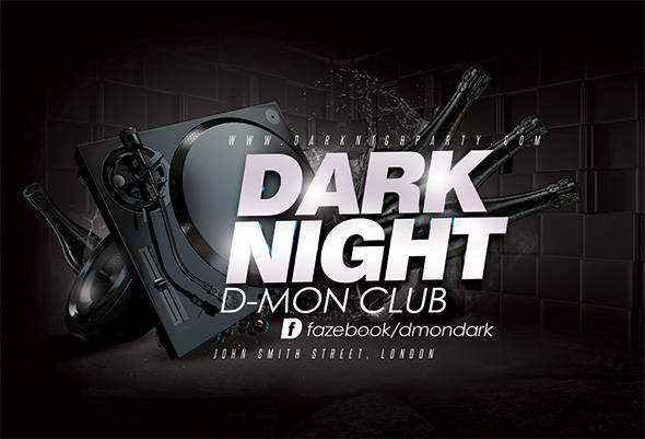 Dark Night club flyer with turntable and shattered bottles