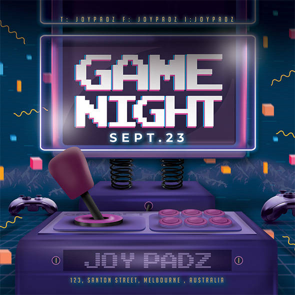 Retro arcade-style Game Night flyer with synthwave vibes