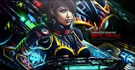 Sci-fi cyber warrior GFX signature, vivid neon detail