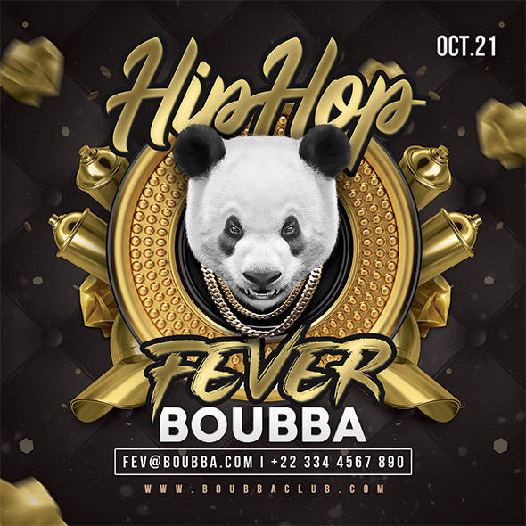 Gold-chained panda flyer for a Hip Hop Fever party
