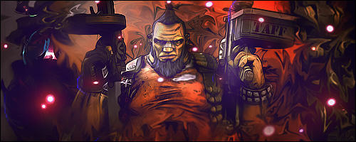 Gritty warrior GFX art with dual pistols in fiery scene