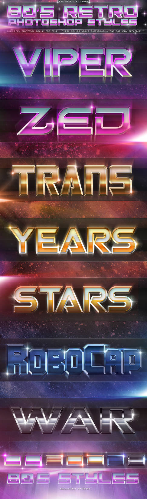 Retro 80s text effects showcase with neon chrome styles