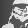 Stylized stormtrooper silhouette avatar, moody grayscale forum art