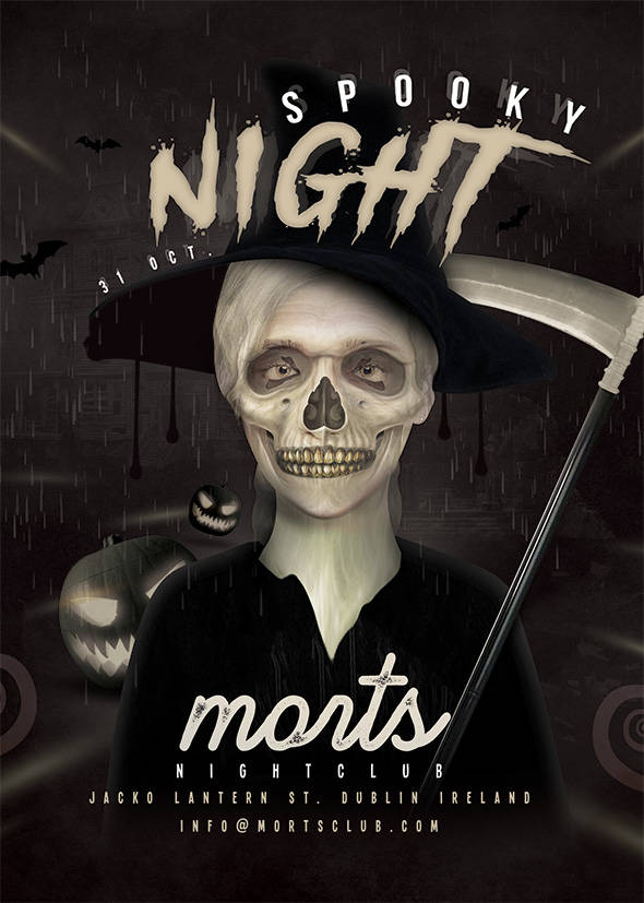 Spooky Halloween nightclub flyer with grim reaper skull