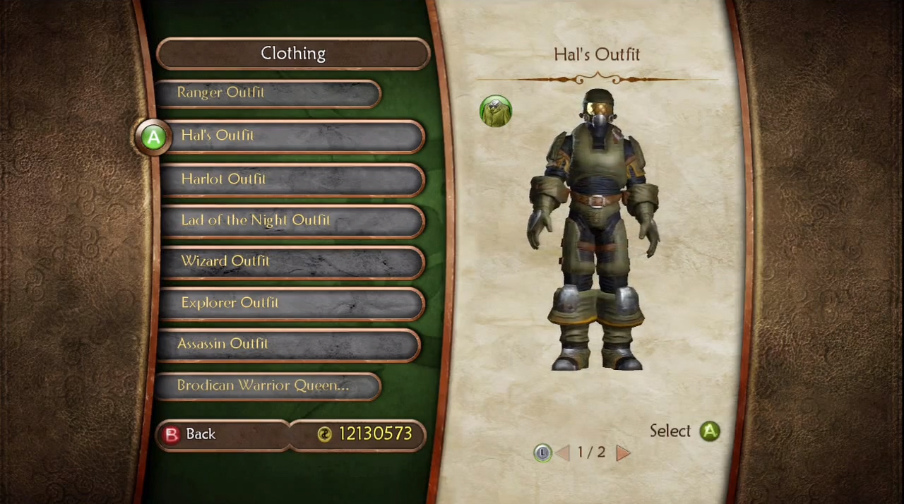 Fable's clothing menu featuring Hal's Outfit