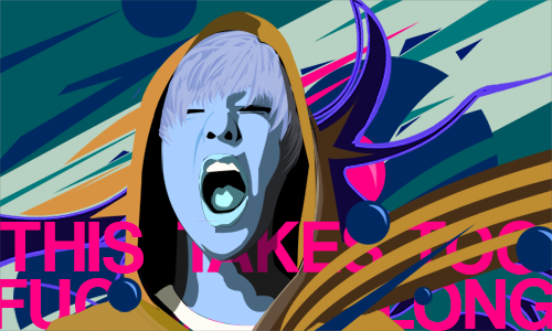 Screaming figure GFX art with bold pink text overlay