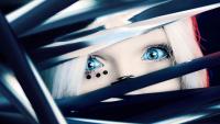 Striking blue-eyed portrait GFX with dramatic abstract shards