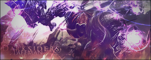 Epic Darksiders-inspired forum signature with purple energy effects