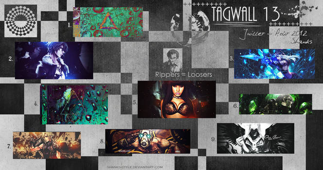 A GFX artist's showcase wall of digital art signatures
