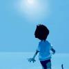 Lone figure walking across a minimalist blue landscape