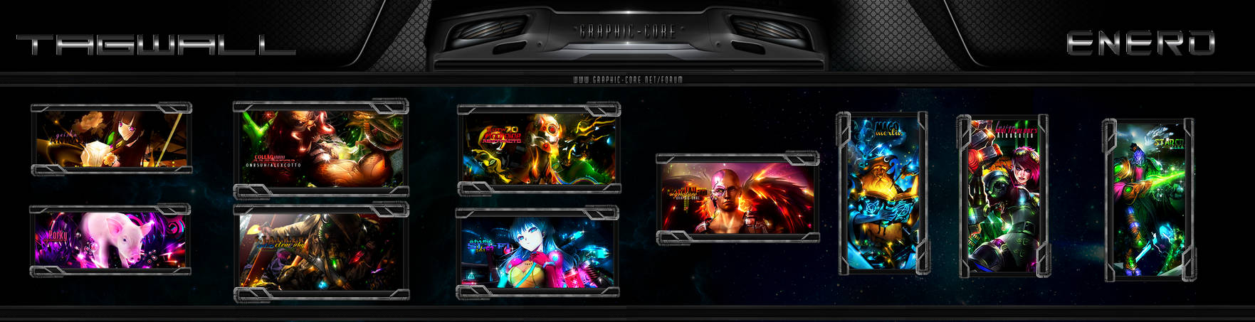 Vibrant anime-style GFX tagwall from a graphic design forum