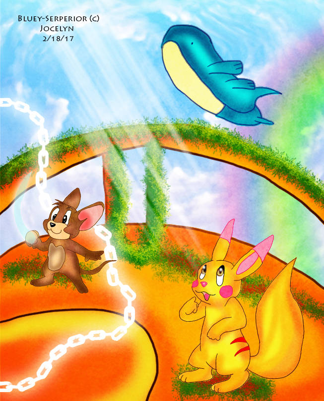 Jerry and Pikachu meet a flying whale Pokémon amid rainbows