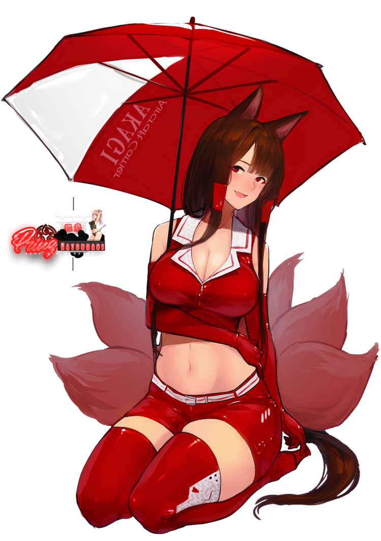 Fox-eared anime girl with red umbrella and kitsune tails