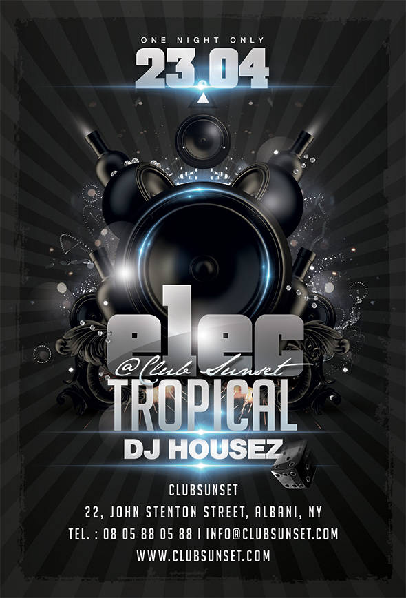 Sleek electro club flyer with speaker and rays