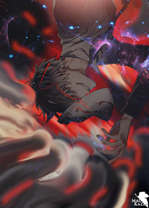 Cosmic red galaxy GFX piece with figure and starburst