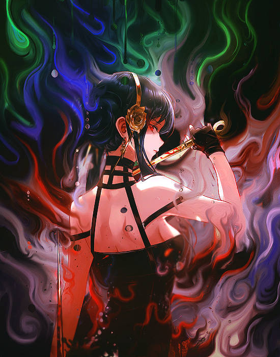 Anime warrior amid swirling colorful flames, striking digital art