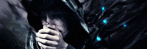 Hooded figure in shadow, glowing blue mystic energy