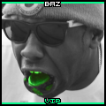 Green-mouthed grinning avatar with shades and 'BAZ' tag