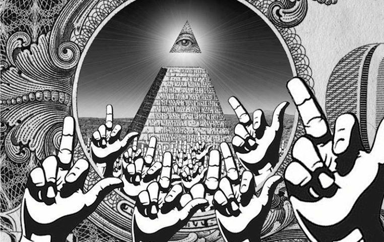 Illuminati pyramid meme with conspiracy hand signs