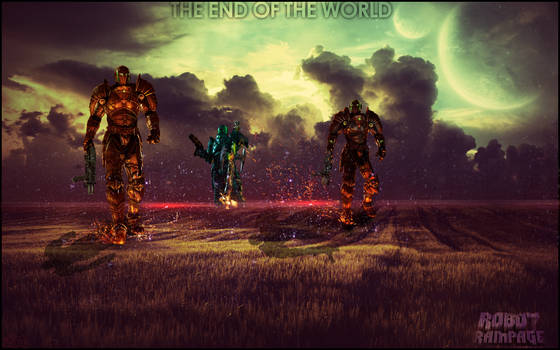 Robot titans stand before an apocalyptic sky