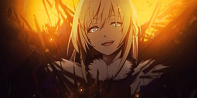 Glowing anime GFX art, golden light and smiling character