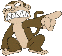 Angry cartoon monkey pointing and laughing at you