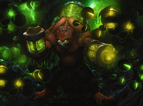 Gas-masked warrior glowing among toxic green orbs