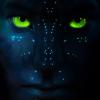 Glowing green-eyed alien face avatar, striking and mysterious