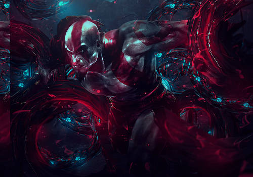 Kratos rendered in swirling red-and-teal digital art