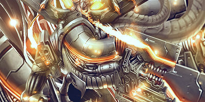Robotic mech blasting energy cannon in fiery chrome scene