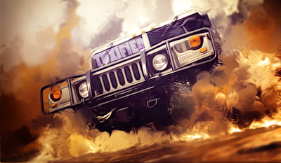 Rugged Hummer charging through fiery dust storm art