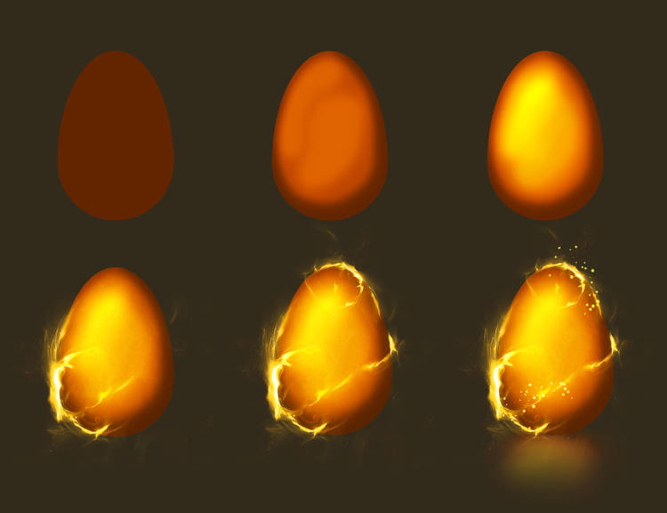 Glowing golden egg tutorial, painted fire and light stages