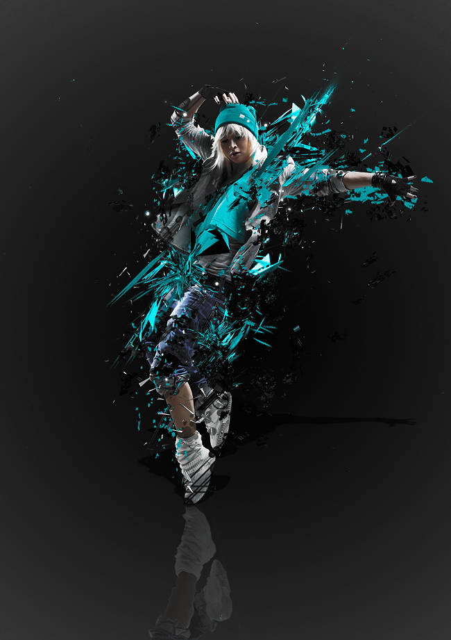 Shattered dancer GFX in electric teal—classic forum signature art