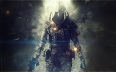 Futuristic soldier GFX art with glowing hexagon backdrop