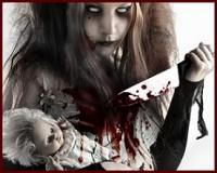 Creepy horror-themed GFX: bloody girl with knife and doll