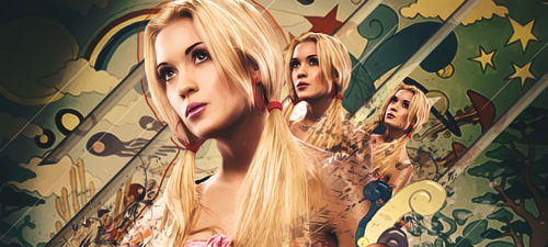 Blonde muse triptych over a psychedelic mural backdrop