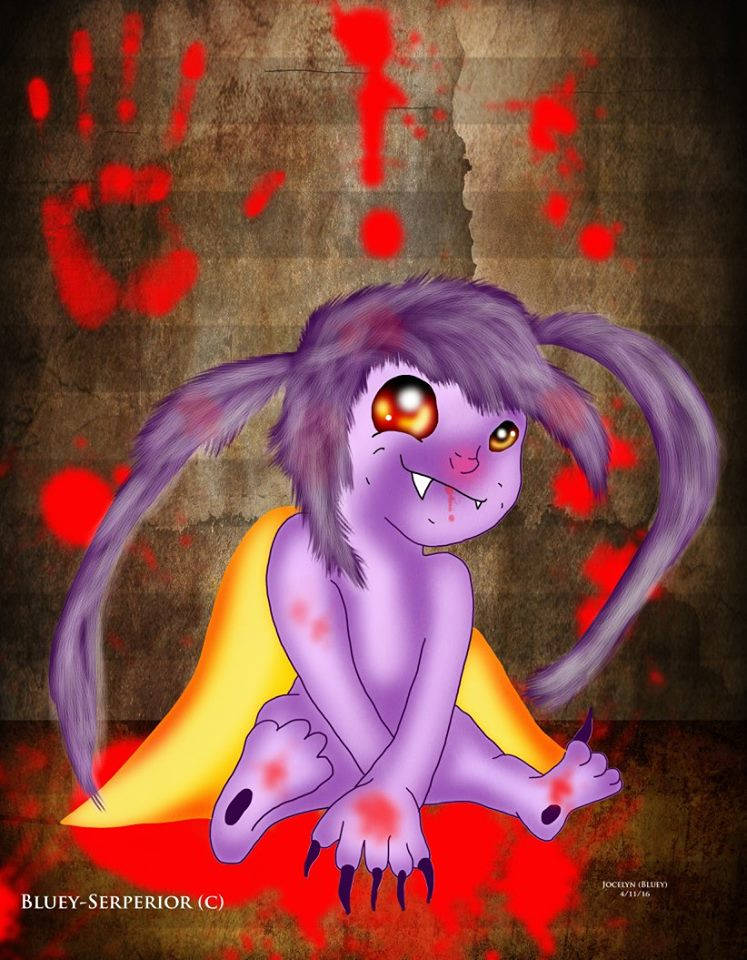 Blood-spattered purple creature fan art, eerie digital drawing