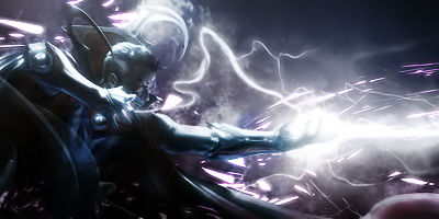 Armored figure channeling lightning through outstretched hand