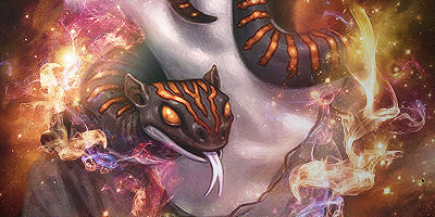 Cosmic snake artwork glowing with fiery nebula energy