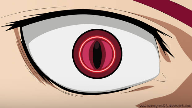 Anime eye close-up with glowing crimson sharingan-style pupil