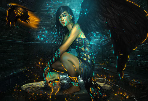 Winged dark angel guardian art, moody teal dungeon vibes